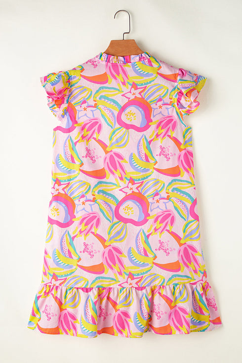 Abstract Floral Ruffle Trim Flutter Sleeve Buttoned Dress